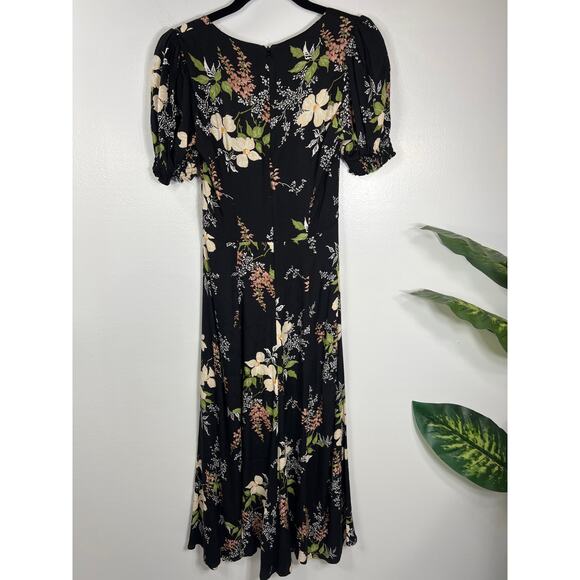 Reformation Luciana Black Floral Midi Dress Side Slit Puff Sleeve Flowy Romantic - Picture 4 of 9
